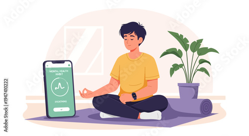 Flat vector illustration of a young man meditating in lotus pose on a mat, using a mental health app for guided breathing, with a smartwatch and indoor plant decoration.
