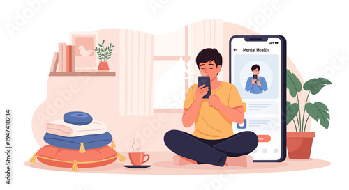 Flat vector illustration of a young man sitting cross-legged on the floor using a mental health smartphone app for breathing exercises in a cozy home room with pillows and tea.