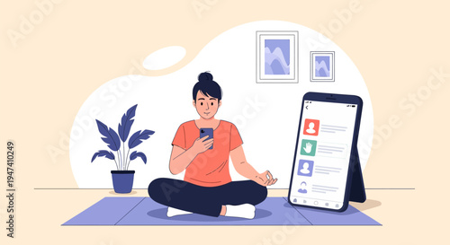 Flat vector illustration of a young woman sitting in a lotus yoga pose on a mat, holding a smartphone while a large mobile device displays a social media app interface in a room.