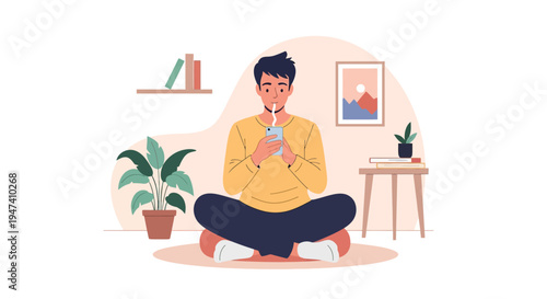 Flat vector illustration of a young man sitting cross-legged on a rug at home, holding a smartphone and performing deep breathing exercises for mental health and stress relief.