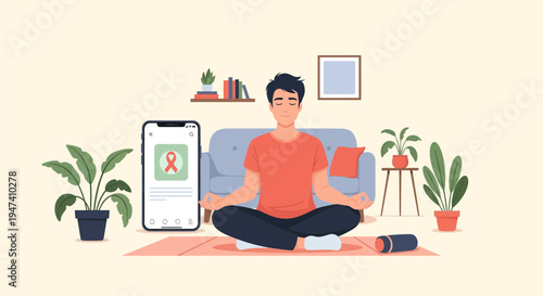 Flat vector illustration of a young man meditating in lotus pose on a yoga mat in a living room with a large smartphone displaying a red ribbon health awareness icon and support app.