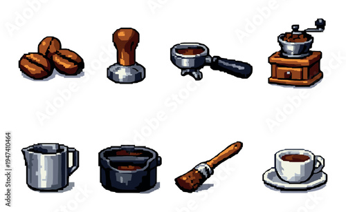 Barista tools and cup arranged on neutral gray background