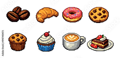 Bakery and coffee icons arranged in two rows on neutral background