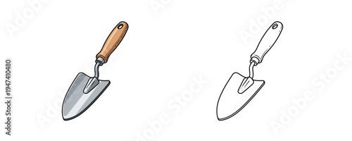 Garden trowel tool in flat colorful and linear style for gardening and horticulture design in minimal cartoon aesthetic for spring planting or backyard craft project