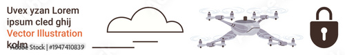 Data protection, quadcopter privacy, cloud security, cybersecurity, network safeguarding, aerial surveillance. A Quadcopter, cloud icon and lock symbol. Data protection and drone privacy concept