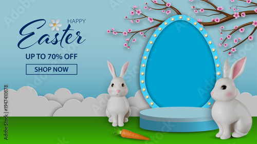 easter sale banner with easter egg shaped podium, paper clouds, cherry flowers branch and 3d rabbits