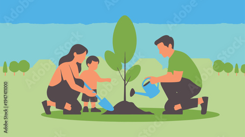 Family planting tree with child outdoors