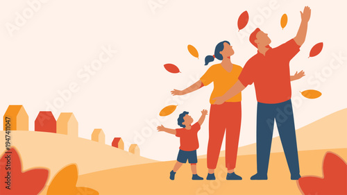 Family standing, parents and child, autumn scene