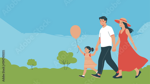 Family stroll park balloon mountains