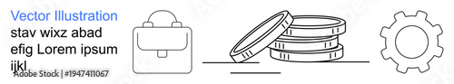 Education tools, financial planning, productivity, entrepreneurship, strategy, work organization. Backpack, stacked coins gear icon illustration. Financial planning and productivity concept