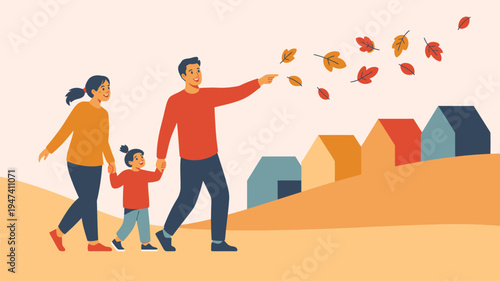 Family walking autumn street falling leaves suburban houses