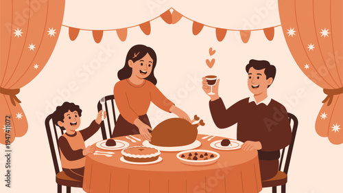 Family Thanksgiving dinner celebration flat illustration