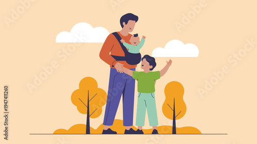 Father carrying baby, holding boy in park, family bonding
