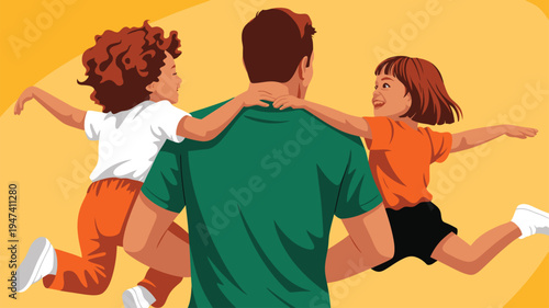 Father carrying two happy children illustration