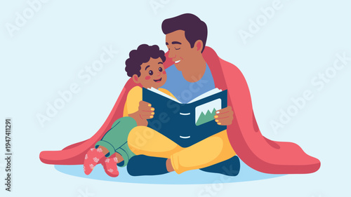 Father child reading storybook together blanket illustration