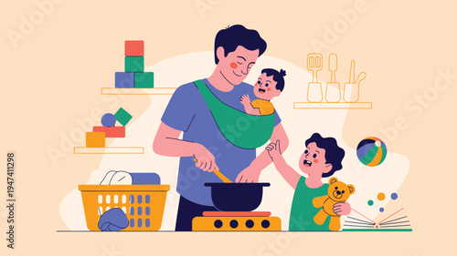 Father cooking baby carrier child playing busy family