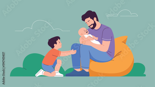 Father holding baby with son reaching out