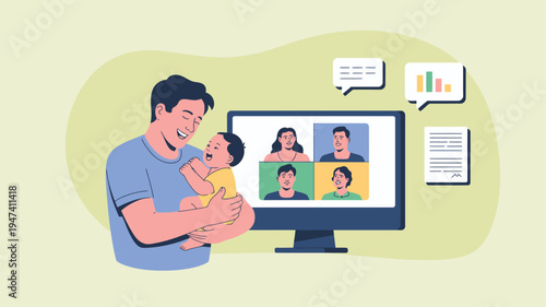 Father holding baby video call remote work illustration