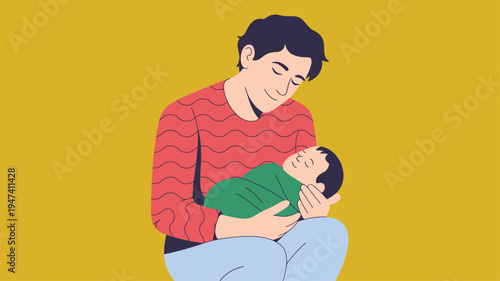 Father holding newborn baby illustration