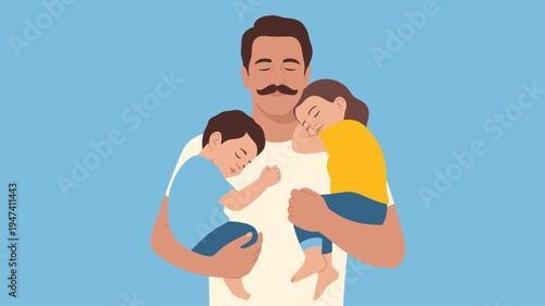 Father holding sleeping children illustration