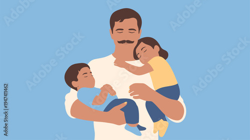 Father holding sleeping kids flat illustration