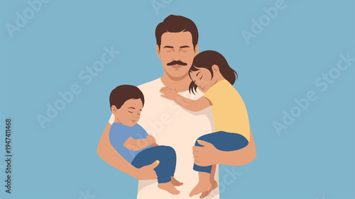 Father holding two sleeping children