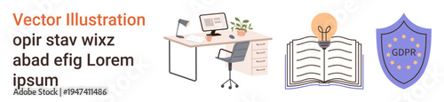 Data protection, learning, innovation, office workspace, information security, education. Office desk setup, open book with bulb and GDPR shield. Data protection and learning illustrated clearly