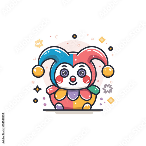 Joyful cartoon jester character with a mischievous grin bursts from a surprise box, surrounded by festive confetti and stars, embodying a humorous and playful celebration