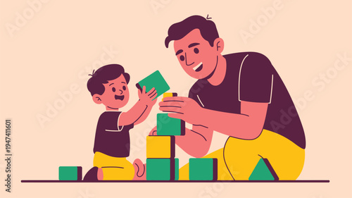 Father son building blocks playing