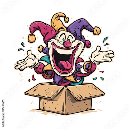 A classic jester character jumps out of a cardboard box, ready for some April Fools' Day fun and mischief