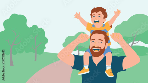 Father son piggyback ride park flat illustration