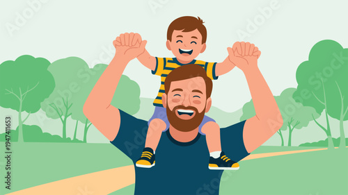 Father son riding shoulders park laughing