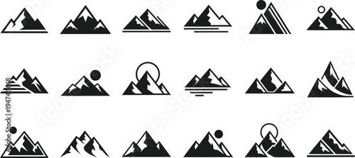 Collection of minimalist mountain range icons in various styles and orientations