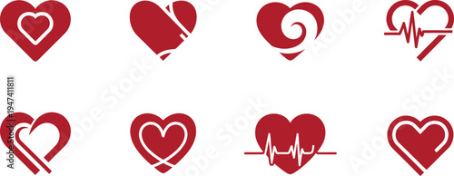 Collection of red heart symbols with various designs