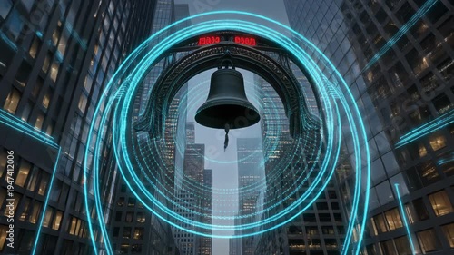 Stock Market Bell Rings Amidst Skyscrapers - A Financial Hub.