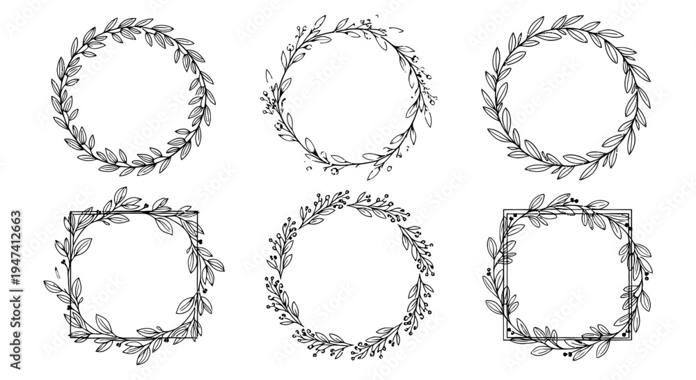Obraz premium Beautifully Hand-Drawn Floral Wreath Illustrations Perfect for Invitations, Cards, and Decorative Elements