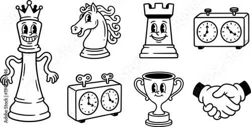 Minimalist black and white cartoon chess icons set including king knight rook chess clock trophy handshake flat design vector art