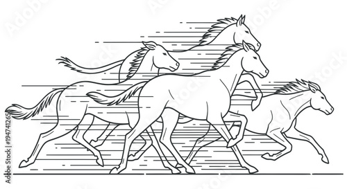 Powerful monochrome graphic illustration capturing a herd of wild horses in rapid, fluid gallop, emphasizing dynamic speed, freedom, and untamed energy