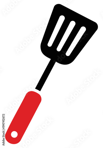 Kitchen utensil, a black slotted spatula with a bright red handle, ideal for flipping food on a grill or in a pan during cooking preparations