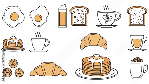 A collection of stylized illustrations depicting breakfast items including pancakes, croissants, fried eggs, toast, coffee cups, and cookies, perfect for culinary themes