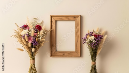 Elegant Floral Display: A wooden frame is embraced by two floral bouquets in a display of artistic aesthetics. The arrangement adds natural beauty and visual allure to the scene.