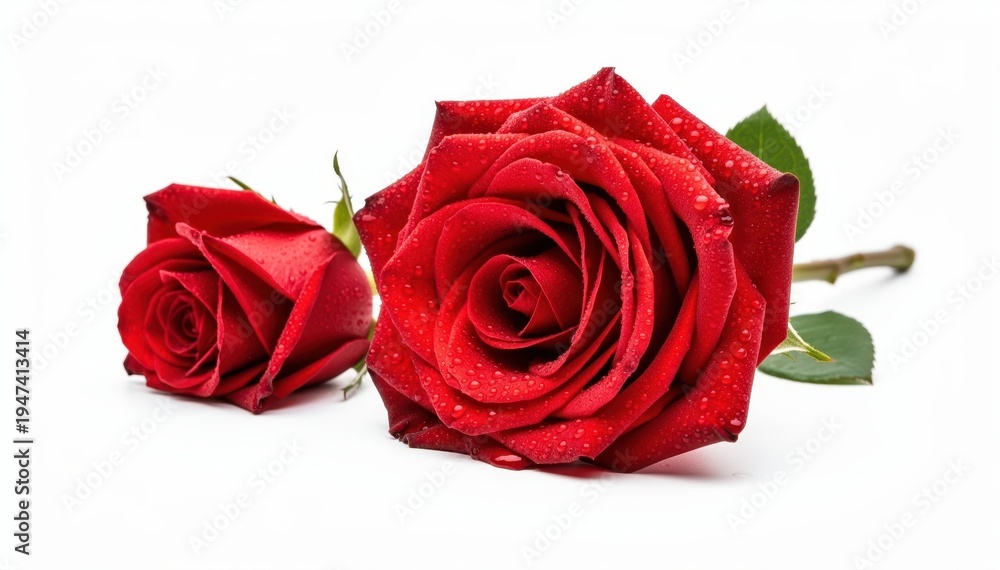 Naklejka premium Crimson Rose Duo: Two exquisite red roses, their velvety petals adorned with delicate water droplets, lie gracefully, embodying the essence of love and beauty. 