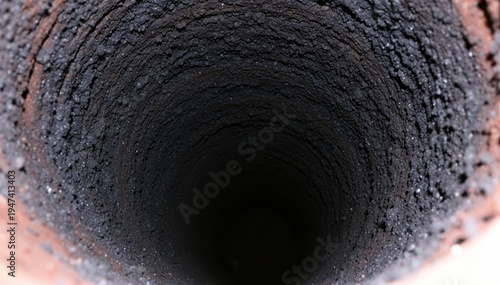 Dirty Chimney Interior: A close-up perspective of the interior of a soot-covered chimney, highlighting the rough texture and dark color of built-up residue.