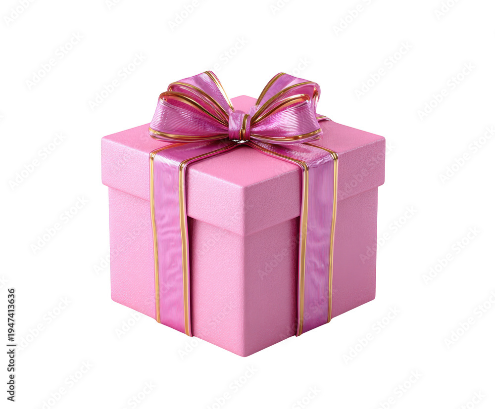 Fototapeta premium Pink gift box with gold ribbon and bow present isolated on a transparent background