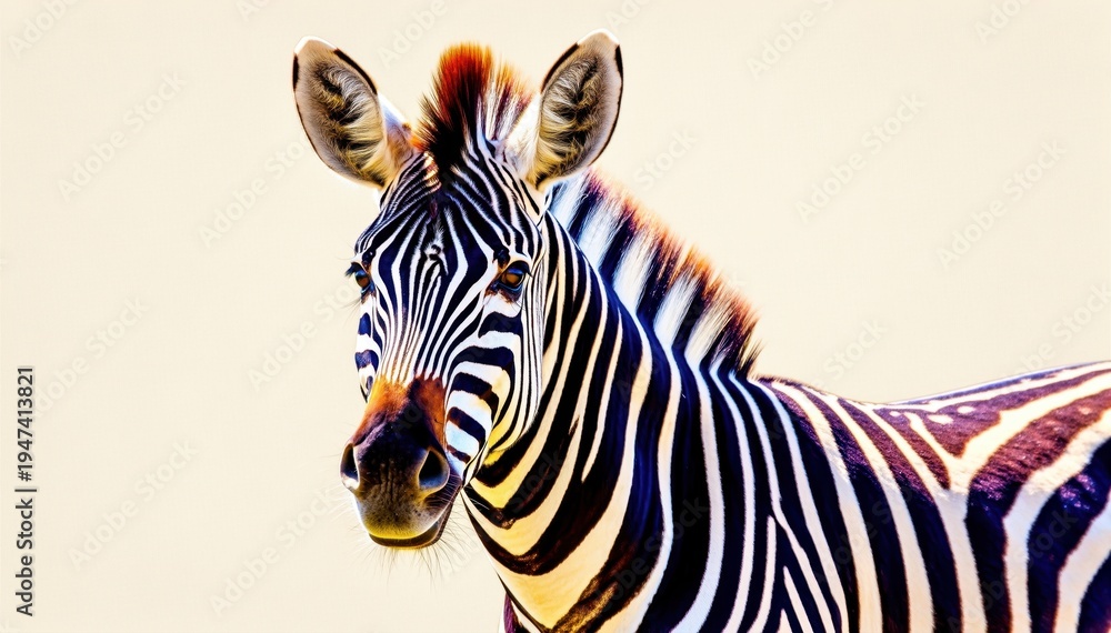 Fototapeta premium Zebra's Striking Gaze: A captivating portrait of a zebra, showcasing its iconic black and white stripes and a serene expression, a symbol of the African savanna's beauty.