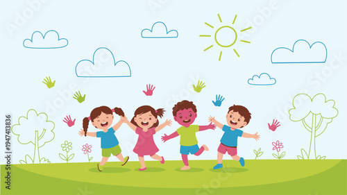 Kids Playing Outdoor Happy Cartoon