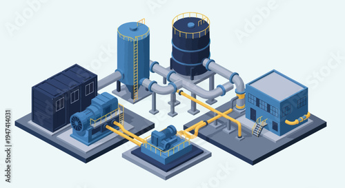 Industrial Water Treatment Plant Equipment Isometric Illustration.