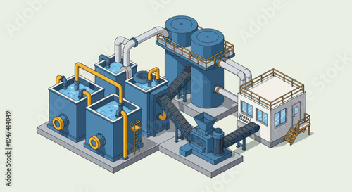 Industrial Water Treatment Plant with Tanks and Pipes.