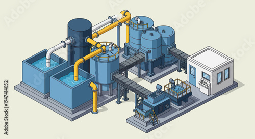 Industrial Water Treatment Plant with Tanks and Pipes.