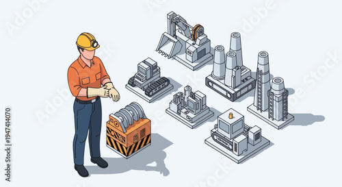 Industrial Worker Inspecting Miniature Factory Models.